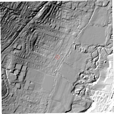 Shaded relief map of the ground around EX109NF, computed from Environment Agency LiDAR. The ground here sits at about 29 m above sea level and falls 45 m across the surrounding 800 m. Surface water reaching this point runs off ground lying to the north-west, 39.5 m higher.