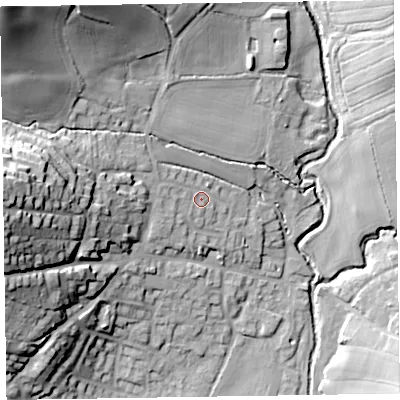Shaded relief map of the ground around EX109PH, computed from Environment Agency LiDAR. The ground here sits at about 42 m above sea level and falls 44 m across the surrounding 800 m. Surface water reaching this point runs off ground lying to the west, 28.3 m higher.