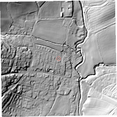 Shaded relief map of the ground around EX109PJ, computed from Environment Agency LiDAR. The ground here sits at about 39 m above sea level and falls 32 m across the surrounding 800 m. Surface water reaching this point runs off ground lying to the west, 23.6 m higher.