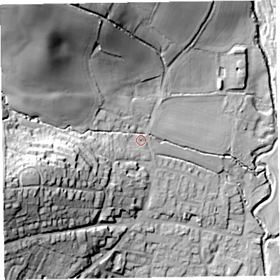 Shaded relief map of the ground around EX109PL, computed from Environment Agency LiDAR. The ground here sits at about 46 m above sea level and falls 57 m across the surrounding 800 m. Surface water reaching this point runs off ground lying to the north-west, 42.7 m higher.