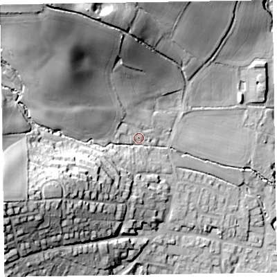 Shaded relief map of the ground around EX109PN, computed from Environment Agency LiDAR. The ground here sits at about 48 m above sea level and falls 60 m across the surrounding 800 m. Surface water reaching this point runs off ground lying to the north-west, 45.4 m higher.