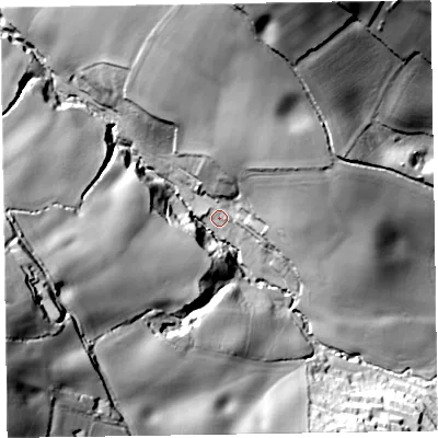 Shaded relief map of the ground around EX109PT, computed from Environment Agency LiDAR. The ground here sits at about 67 m above sea level and falls 89 m across the surrounding 800 m. Surface water reaching this point runs off ground lying to the north-north-east, 48.2 m higher.
