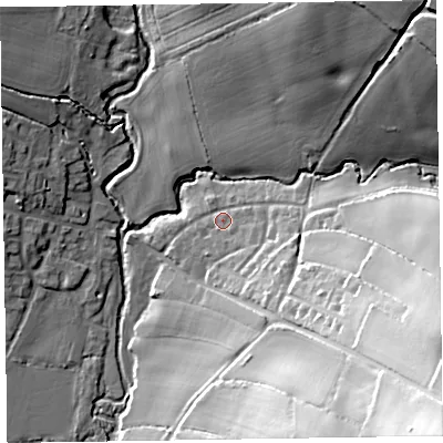 Shaded relief map of the ground around EX109QN, computed from Environment Agency LiDAR. The ground here sits at about 39 m above sea level and falls 61 m across the surrounding 800 m. Surface water reaching this point runs off ground lying to the south-east, 45.4 m higher.