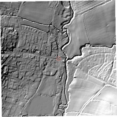 Shaded relief map of the ground around EX109QP, computed from Environment Agency LiDAR. The ground here sits at about 34 m above sea level and falls 40 m across the surrounding 800 m. Surface water reaching this point runs off ground lying to the west-north-west, 10.0 m higher.