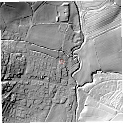 Shaded relief map of the ground around EX109QR, computed from Environment Agency LiDAR. The ground here sits at about 37 m above sea level and falls 34 m across the surrounding 800 m. Surface water reaching this point runs off ground lying to the west, 21.2 m higher.