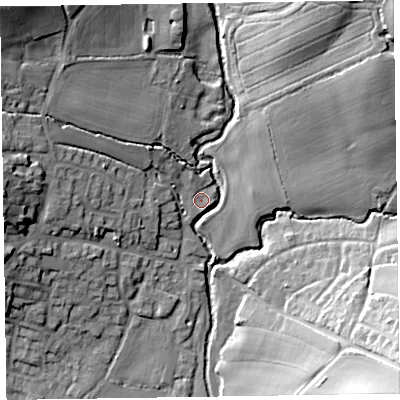 Shaded relief map of the ground around EX109QT, computed from Environment Agency LiDAR. The ground here sits at about 35 m above sea level and falls 31 m across the surrounding 800 m. Surface water reaching this point runs off ground lying to the north-north-west, 1.9 m higher.