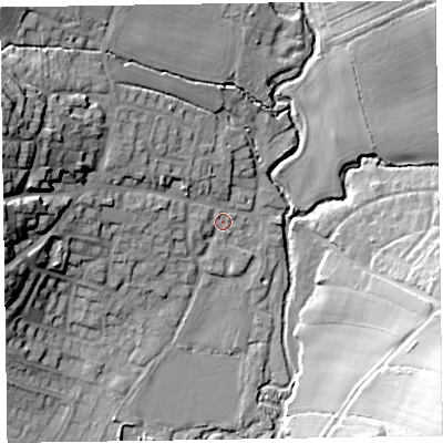 Shaded relief map of the ground around EX109QU, computed from Environment Agency LiDAR. The ground here sits at about 36 m above sea level and falls 34 m across the surrounding 800 m. Surface water reaching this point runs off ground lying to the north-west, 8.8 m higher.