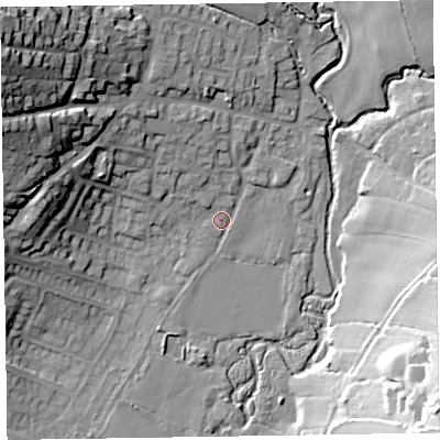 Shaded relief map of the ground around EX109QX, computed from Environment Agency LiDAR. The ground here sits at about 33 m above sea level and falls 40 m across the surrounding 800 m. Surface water reaching this point runs off ground lying to the north-west, 34.8 m higher.
