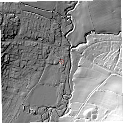 Shaded relief map of the ground around EX109RR, computed from Environment Agency LiDAR. The ground here sits at about 34 m above sea level and falls 49 m across the surrounding 800 m. Surface water reaching this point runs off ground lying to the north-west, 2.2 m higher.