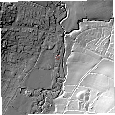 Shaded relief map of the ground around EX109TB, computed from Environment Agency LiDAR. The ground here sits at about 33 m above sea level and falls 56 m across the surrounding 800 m. Surface water reaching this point runs off ground lying to the north-north-west, 3.6 m higher.