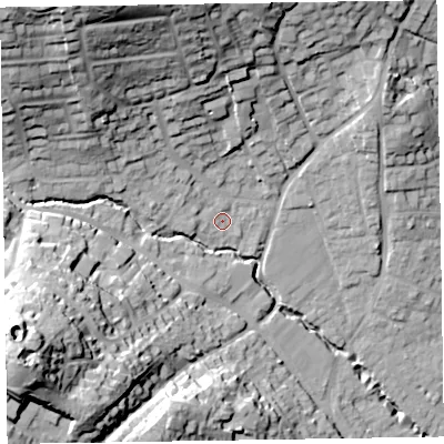 Shaded relief map of the ground around EX109TF, computed from Environment Agency LiDAR. The ground here sits at about 32 m above sea level and falls 54 m across the surrounding 800 m. Surface water reaching this point runs off ground lying to the north-west, 4.2 m higher.
