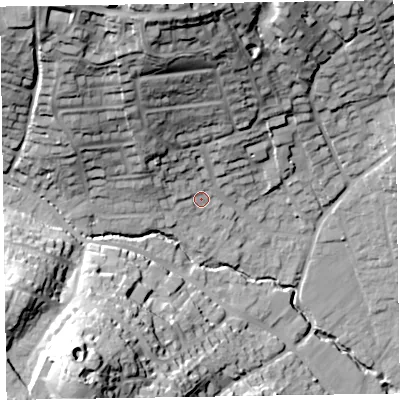 Shaded relief map of the ground around EX109TG, computed from Environment Agency LiDAR. The ground here sits at about 37 m above sea level and falls 58 m across the surrounding 800 m. Surface water reaching this point runs off ground lying to the north, 44.4 m higher.