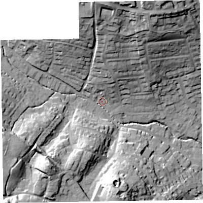 Shaded relief map of the ground around EX109XD, computed from Environment Agency LiDAR. The ground here sits at about 42 m above sea level and falls 53 m across the surrounding 800 m. Surface water reaching this point runs off ground lying to the north, 15.9 m higher.