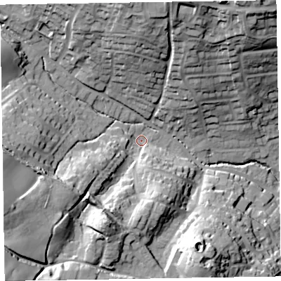 Shaded relief map of the ground around EX109XG, computed from Environment Agency LiDAR. The ground here sits at about 43 m above sea level and falls 58 m across the surrounding 800 m. Surface water reaching this point runs off ground lying to the south-west, 37.3 m higher.