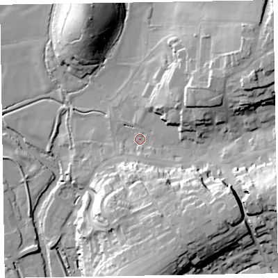 Shaded relief map of the ground around EX111AE, computed from Environment Agency LiDAR. The ground here sits at about 48 m above sea level and falls 37 m across the surrounding 800 m. Surface water reaching this point runs off ground lying to the east-south-east, 27.1 m higher.