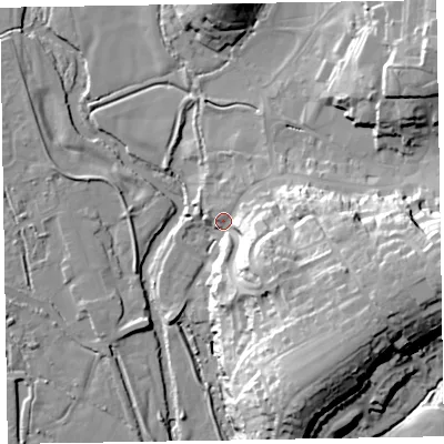 Shaded relief map of the ground around EX111AF, computed from Environment Agency LiDAR. The ground here sits at about 44 m above sea level and falls 37 m across the surrounding 800 m. Surface water reaching this point runs off ground lying to the south-east, 22.8 m higher.