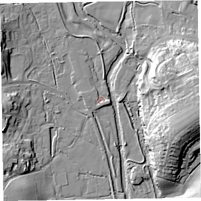 Shaded relief map of the ground around EX111AH, computed from Environment Agency LiDAR. The ground here sits at about 40 m above sea level and falls 35 m across the surrounding 800 m. Surface water reaching this point runs off ground lying to the east-south-east, 3.0 m higher.