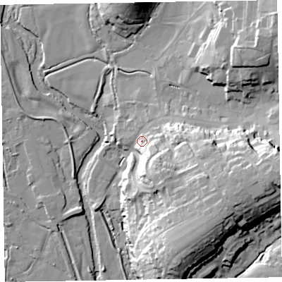 Shaded relief map of the ground around EX111AJ, computed from Environment Agency LiDAR. The ground here sits at about 48 m above sea level and falls 37 m across the surrounding 800 m. Surface water reaching this point runs off ground lying to the south-south-east, 14.1 m higher.