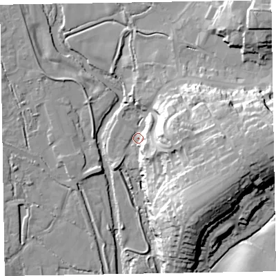 Shaded relief map of the ground around EX111AL, computed from Environment Agency LiDAR. The ground here sits at about 41 m above sea level and falls 36 m across the surrounding 800 m. Surface water reaching this point runs off ground lying to the east, 25.7 m higher.