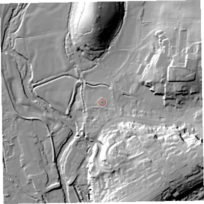 Shaded relief map of the ground around EX111AQ, computed from Environment Agency LiDAR. The ground here sits at about 46 m above sea level and falls 36 m across the surrounding 800 m. Surface water reaching this point runs off ground lying to the east-south-east, 28.4 m higher.
