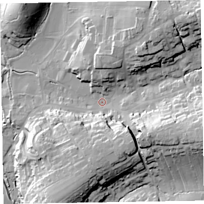 Shaded relief map of the ground around EX111BP, computed from Environment Agency LiDAR. The ground here sits at about 50 m above sea level and falls 40 m across the surrounding 800 m. Surface water reaching this point runs off ground lying to the east-south-east, 28.4 m higher.