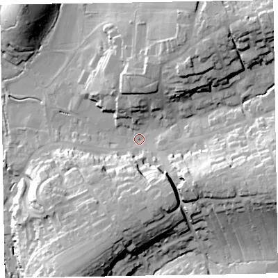 Shaded relief map of the ground around EX111BS, computed from Environment Agency LiDAR. The ground here sits at about 50 m above sea level and falls 41 m across the surrounding 800 m. Surface water reaching this point runs off ground lying to the east-south-east, 28.5 m higher.