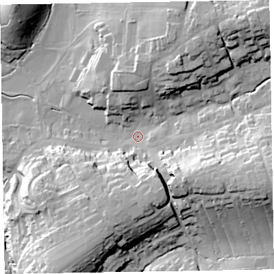 Shaded relief map of the ground around EX111BU, computed from Environment Agency LiDAR. The ground here sits at about 51 m above sea level and falls 41 m across the surrounding 800 m. Surface water reaching this point runs off ground lying to the east-south-east, 28.4 m higher.