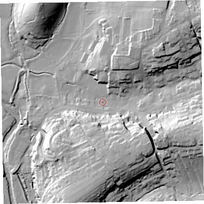 Shaded relief map of the ground around EX111BW, computed from Environment Agency LiDAR. The ground here sits at about 49 m above sea level and falls 39 m across the surrounding 800 m. Surface water reaching this point runs off ground lying to the east-south-east, 27.7 m higher.
