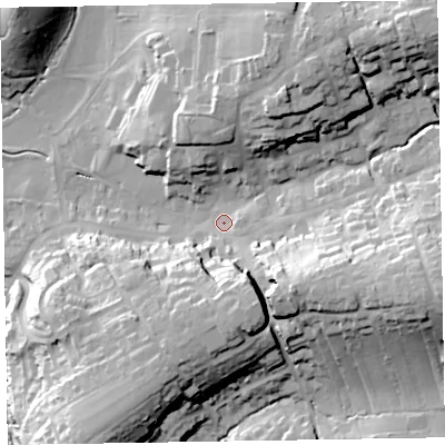 Shaded relief map of the ground around EX111BY, computed from Environment Agency LiDAR. The ground here sits at about 51 m above sea level and falls 40 m across the surrounding 800 m. Surface water reaching this point runs off ground lying to the south-south-east, 23.3 m higher.