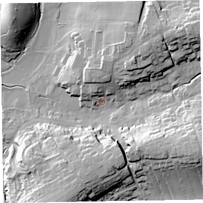 Shaded relief map of the ground around EX111DB, computed from Environment Agency LiDAR. The ground here sits at about 52 m above sea level and falls 41 m across the surrounding 800 m. Surface water reaching this point runs off ground lying to the north-east, 22.3 m higher.