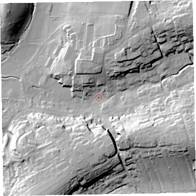 Shaded relief map of the ground around EX111DD, computed from Environment Agency LiDAR. The ground here sits at about 51 m above sea level and falls 38 m across the surrounding 800 m. Surface water reaching this point runs off ground lying to the east-south-east, 28.9 m higher.