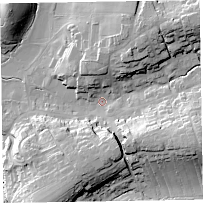 Shaded relief map of the ground around EX111DE, computed from Environment Agency LiDAR. The ground here sits at about 51 m above sea level and falls 40 m across the surrounding 800 m. Surface water reaching this point runs off ground lying to the east-south-east, 28.9 m higher.