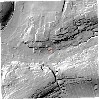 Shaded relief map of the ground around EX111DG, computed from Environment Agency LiDAR. The ground here sits at about 53 m above sea level and falls 36 m across the surrounding 800 m. Surface water reaching this point runs off ground lying to the north-north-east, 21.3 m higher.