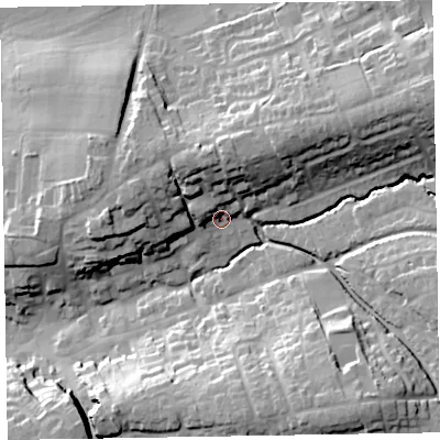 Shaded relief map of the ground around EX111EA, computed from Environment Agency LiDAR. The ground here sits at about 61 m above sea level and falls 34 m across the surrounding 800 m. Surface water reaching this point runs off ground lying to the north, 15.9 m higher.