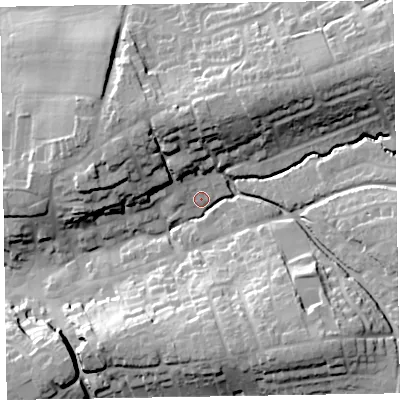 Shaded relief map of the ground around EX111EB, computed from Environment Agency LiDAR. The ground here sits at about 58 m above sea level and falls 34 m across the surrounding 800 m. Surface water reaching this point runs off ground lying to the north-east, 27.6 m higher.