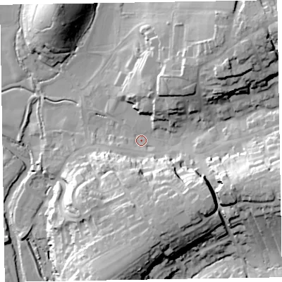 Shaded relief map of the ground around EX111ET, computed from Environment Agency LiDAR. The ground here sits at about 50 m above sea level and falls 38 m across the surrounding 800 m. Surface water reaching this point runs off ground lying to the east-south-east, 27.1 m higher.