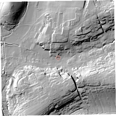 Shaded relief map of the ground around EX111EX, computed from Environment Agency LiDAR. The ground here sits at about 50 m above sea level and falls 40 m across the surrounding 800 m. Surface water reaching this point runs off ground lying to the east-south-east, 28.4 m higher.