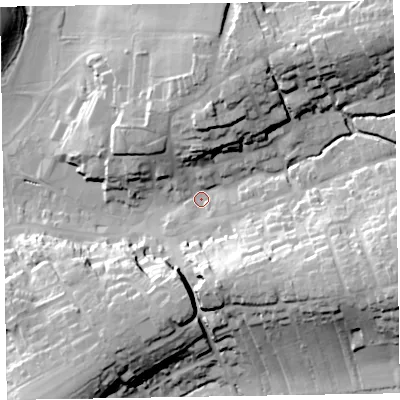 Shaded relief map of the ground around EX111EZ, computed from Environment Agency LiDAR. The ground here sits at about 52 m above sea level and falls 36 m across the surrounding 800 m. Surface water reaching this point runs off ground lying to the east-south-east, 29.0 m higher.