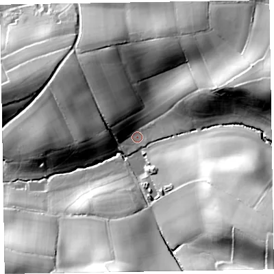Shaded relief map of the ground around EX111FG, computed from Environment Agency LiDAR. The ground here sits at about 65 m above sea level and falls 65 m across the surrounding 800 m. Surface water reaching this point runs off ground lying to the east-north-east, 40.9 m higher.