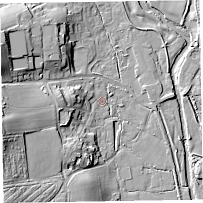 Shaded relief map of the ground around EX111GB, computed from Environment Agency LiDAR. The ground here sits at about 42 m above sea level and falls 36 m across the surrounding 800 m. Surface water reaching this point runs off ground lying to the west-south-west, 14.3 m higher.