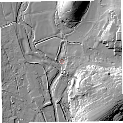 Shaded relief map of the ground around EX111GP, computed from Environment Agency LiDAR. The ground here sits at about 41 m above sea level and falls 34 m across the surrounding 800 m. Surface water reaching this point runs off ground lying to the east-south-east, 33.4 m higher.