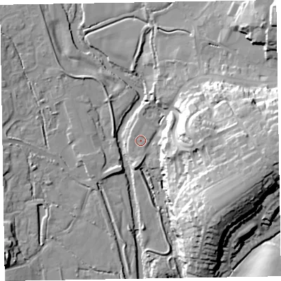 Shaded relief map of the ground around EX111GQ, computed from Environment Agency LiDAR. The ground here sits at about 41 m above sea level and falls 35 m across the surrounding 800 m. Surface water reaching this point runs off ground lying to the south, 0.9 m higher.
