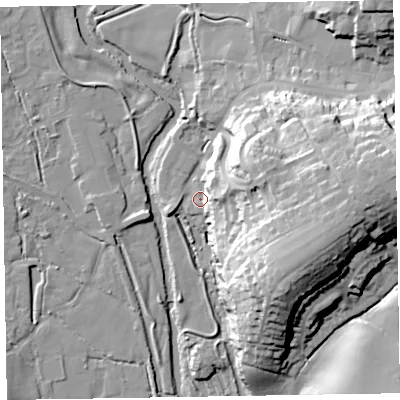 Shaded relief map of the ground around EX111GR, computed from Environment Agency LiDAR. The ground here sits at about 41 m above sea level and falls 36 m across the surrounding 800 m. Surface water reaching this point runs off ground lying to the east-north-east, 25.7 m higher.