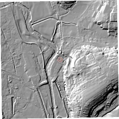 Shaded relief map of the ground around EX111GT, computed from Environment Agency LiDAR. The ground here sits at about 40 m above sea level and falls 35 m across the surrounding 800 m. Surface water reaching this point runs off ground lying to the north-east, 7.6 m higher.