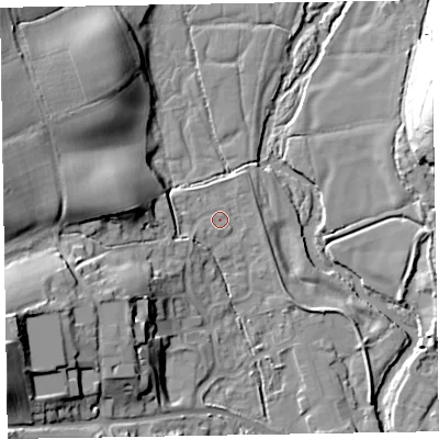 Shaded relief map of the ground around EX111GU, computed from Environment Agency LiDAR. The ground here sits at about 42 m above sea level and falls 29 m across the surrounding 800 m. Surface water reaching this point runs off ground lying to the west-south-west, 4.0 m higher.