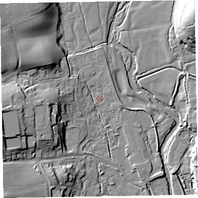 Shaded relief map of the ground around EX111GX, computed from Environment Agency LiDAR. The ground here sits at about 42 m above sea level and falls 30 m across the surrounding 800 m. Surface water reaching this point runs off ground lying to the west, 14.8 m higher.