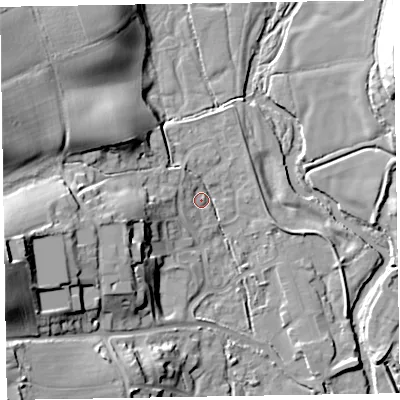 Shaded relief map of the ground around EX111GY, computed from Environment Agency LiDAR. The ground here sits at about 43 m above sea level and falls 32 m across the surrounding 800 m. Surface water reaching this point runs off ground lying to the west-south-west, 14.8 m higher.