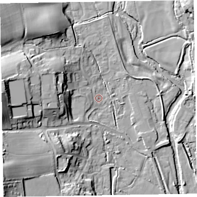 Shaded relief map of the ground around EX111GZ, computed from Environment Agency LiDAR. The ground here sits at about 42 m above sea level and falls 29 m across the surrounding 800 m. Surface water reaching this point runs off ground lying to the west, 2.7 m higher.