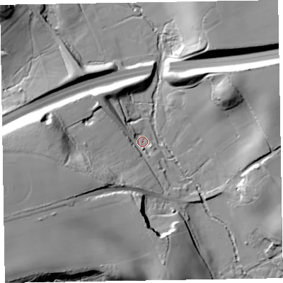Shaded relief map of the ground around EX111LS, computed from Environment Agency LiDAR. The ground here sits at about 51 m above sea level and falls 34 m across the surrounding 800 m. Surface water reaching this point runs off ground lying to the west, 31.4 m higher.