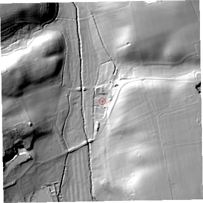 Shaded relief map of the ground around EX111LU, computed from Environment Agency LiDAR. The ground here sits at about 56 m above sea level and falls 37 m across the surrounding 800 m. Surface water reaching this point runs off ground lying to the east, 21.2 m higher.